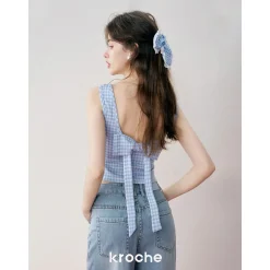Kroche 3D Bow Plaid Sling Vest Blue