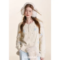 Kroche ﻿3D Hand Crochet Snow Round-Neck Knit Cardigan White