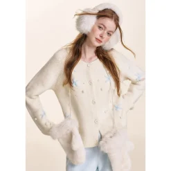 Kroche ﻿3D Hand Crochet Snow Round-Neck Knit Cardigan White