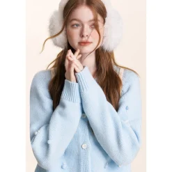 Kroche ﻿3D Hand Crochet Snow Round-Neck Knit Cardigan Light Blue