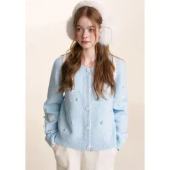Kroche ﻿3D Hand Crochet Snow Round-Neck Knit Cardigan Light Blue