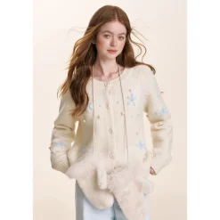 Kroche ﻿3D Hand Crochet Snow Round-Neck Knit Cardigan White