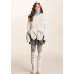 Kroche ﻿3D Hand Crochet Snow Round-Neck Knit Cardigan White