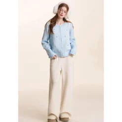 Kroche ﻿3D Hand Crochet Snow Round-Neck Knit Cardigan Light Blue