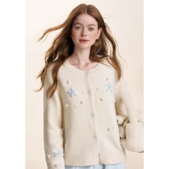 Kroche ﻿3D Hand Crochet Snow Round-Neck Knit Cardigan White