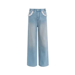 Kroche Detachable Lace Edge Wide-Leg Fleece-Lined Jeans