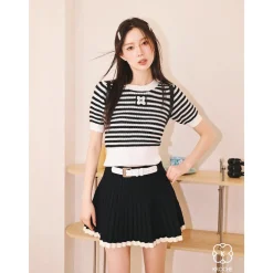 Kroche Embroidery Logo Striped Knit Top Black