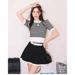 Kroche Embroidery Logo Striped Knit Top Black