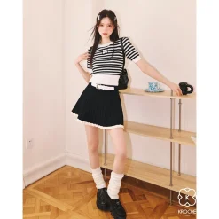 Kroche Embroidery Logo Striped Knit Top Black