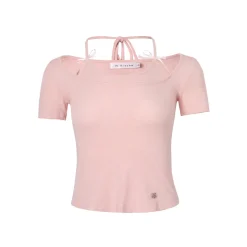 Kroche Fake-2-Piece Halter Bow Short Sleeve Tee Pink