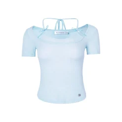 Kroche Fake-2-Piece Halter Bow Short Sleeve Tee Blue
