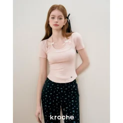 Kroche Fake-2-Piece Halter Bow Short Sleeve Tee Pink