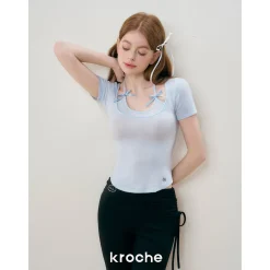 Kroche Fake-2-Piece Halter Bow Short Sleeve Tee Blue