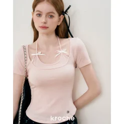 Kroche Fake-2-Piece Halter Bow Short Sleeve Tee Pink