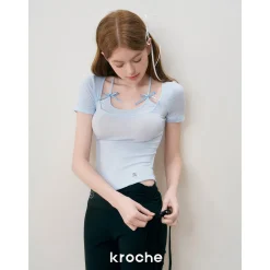 Kroche Fake-2-Piece Halter Bow Short Sleeve Tee Blue