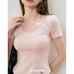 Kroche Fake-2-Piece Halter Bow Short Sleeve Tee Pink