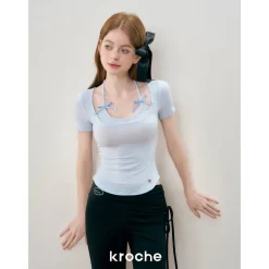 Kroche Fake-2-Piece Halter Bow Short Sleeve Tee Blue