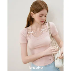 Kroche Fake-2-Piece Halter Bow Short Sleeve Tee Pink