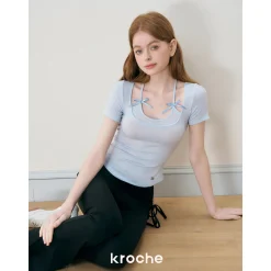 Kroche Fake-2-Piece Halter Bow Short Sleeve Tee Blue