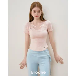 Kroche Fake-2-Piece Halter Bow Short Sleeve Tee Pink