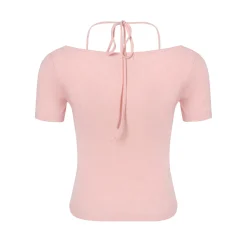 Kroche Fake-2-Piece Halter Bow Short Sleeve Tee Pink