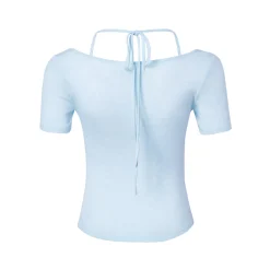 Kroche Fake-2-Piece Halter Bow Short Sleeve Tee Blue