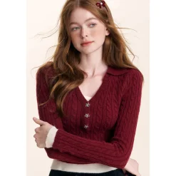 Kroche Fake-2-Piece Lapel V-Neck Knit Top Red