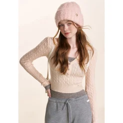 Kroche Fake-2-Piece Lapel V-Neck Knit Top Pink