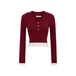Kroche Fake-2-Piece Lapel V-Neck Knit Top Red
