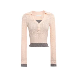 Kroche Fake-2-Piece Lapel V-Neck Knit Top Pink