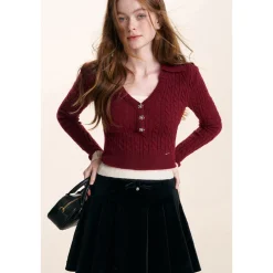 Kroche Fake-2-Piece Lapel V-Neck Knit Top Red