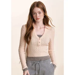 Kroche Fake-2-Piece Lapel V-Neck Knit Top Pink