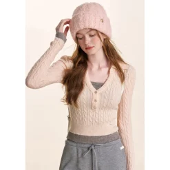 Kroche Fake-2-Piece Lapel V-Neck Knit Top Pink