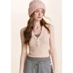 Kroche Fake-2-Piece Lapel V-Neck Knit Top Pink