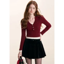 Kroche Fake-2-Piece Lapel V-Neck Knit Top Red