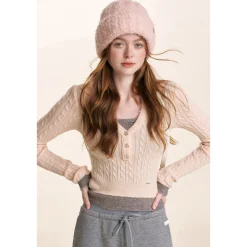 Kroche Fake-2-Piece Lapel V-Neck Knit Top Pink