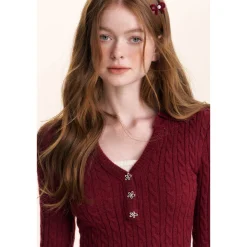 Kroche Fake-2-Piece Lapel V-Neck Knit Top Red