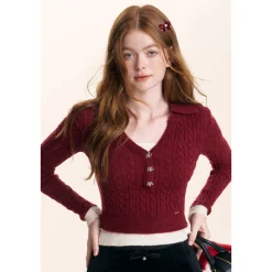Kroche Fake-2-Piece Lapel V-Neck Knit Top Red