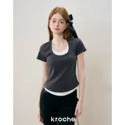 Kroche Fake-2-Piece Slim Fit Short Sleeved Top Gray