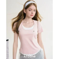 Kroche Fake-2-Piece Slim Fit Short Sleeved Top Pink