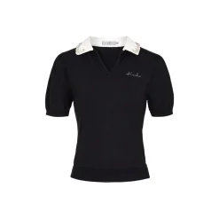 Kroche Hand Beaded Slim Short Knit Polo Top Black