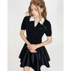 Kroche Hand Beaded Slim Short Knit Polo Top Black