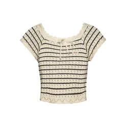 Kroche Hollow Out Lace Up Striped Knitted Top
