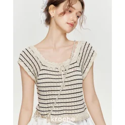 Kroche Hollow Out Lace Up Striped Knitted Top