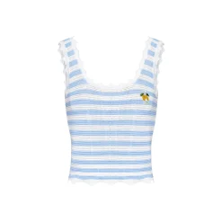 Kroche Hollow Out Striped Embroidered Knit Vest Blue