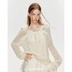 Kroche Hollow Out Striped Hooded Knit Top