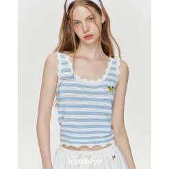 Kroche Hollow Out Striped Embroidered Knit Vest Blue
