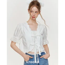 Kroche Lace Bow Lace Up Shirt Top White