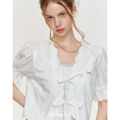Kroche Lace Bow Lace Up Shirt Top White
