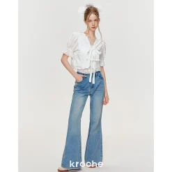 Kroche Lace Bow Lace Up Shirt Top White